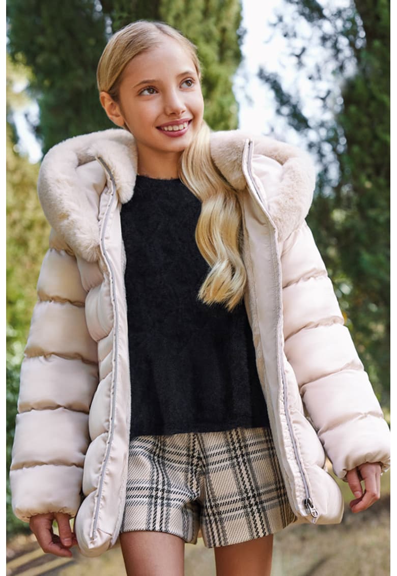 Geaca cu vatelina - gluga si aspect matlasat - Alb fildes