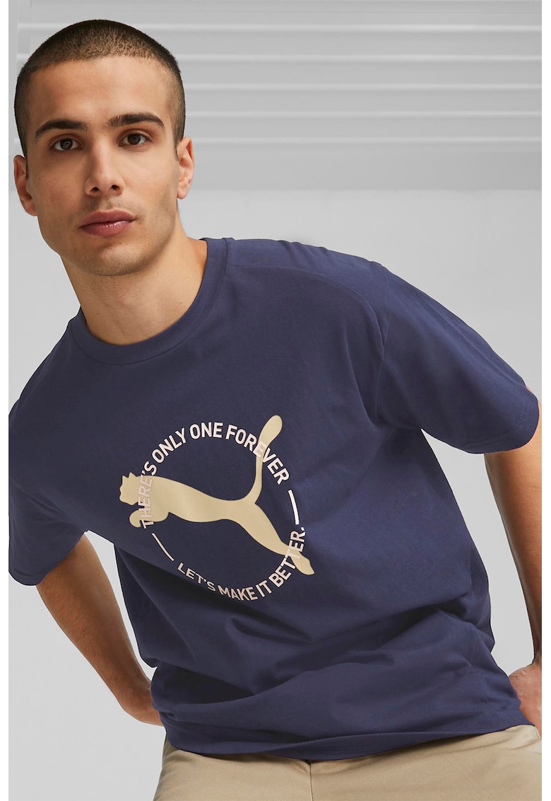 Tricou cu decolteu la baza gatului si imprimeu logo Better Sportswear - Maro camel/Bleumarin