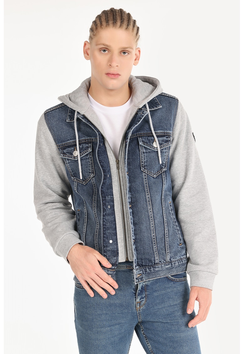 Jacheta din denim cu maneci si gluga contrastante