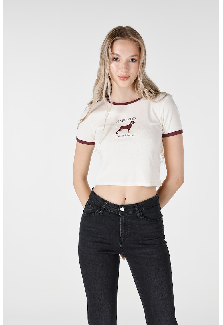 Tricou crop cu imprimeu - Alb/Visiniu