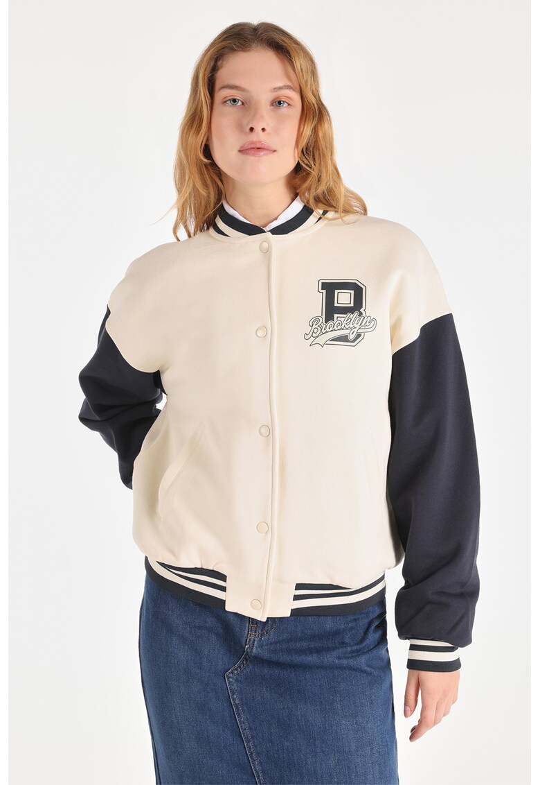 Jacheta bomber cu maneci cazute - Alb murdar/Bleumarin