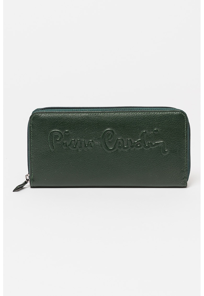 Portofel de piele cu logo in relief - Verde inchis