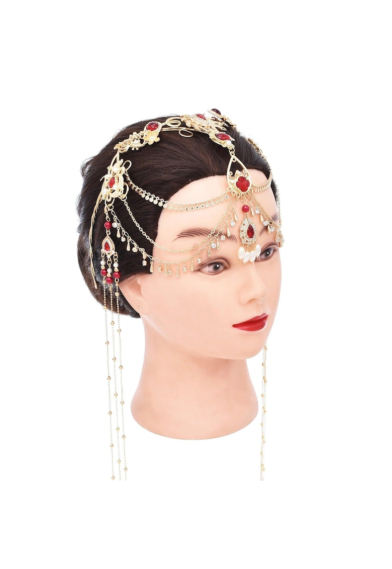 Accesoriu de cap - auriu - cu pietre rosii - lanturi si perle - Galathea C7 -