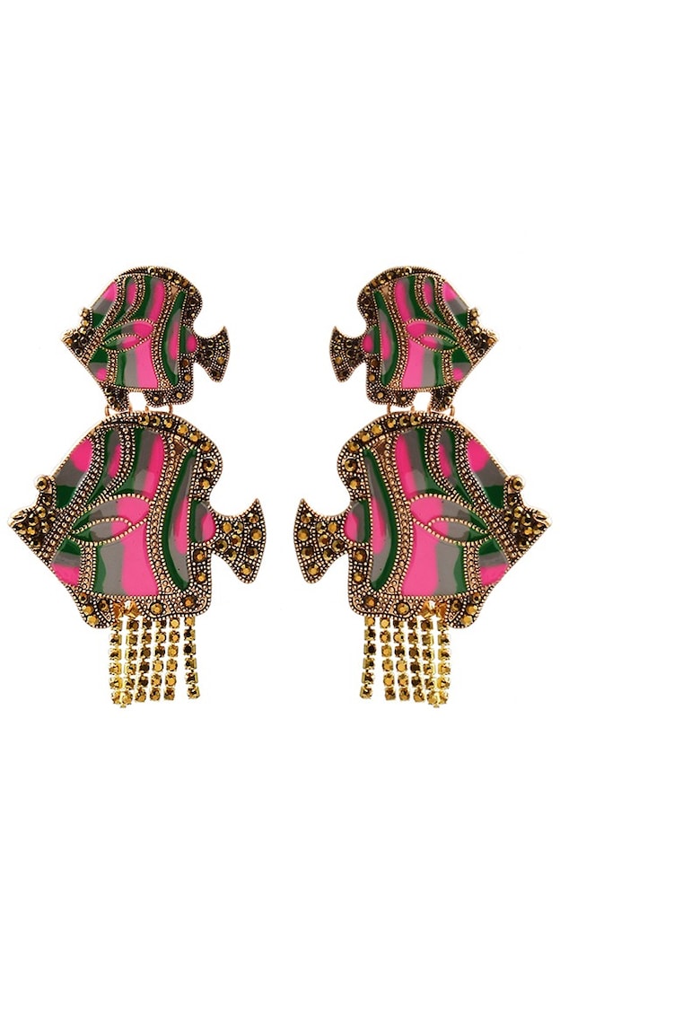 Cercei aurii - in forma de peste - cu pete roz si pietre - Germund C2