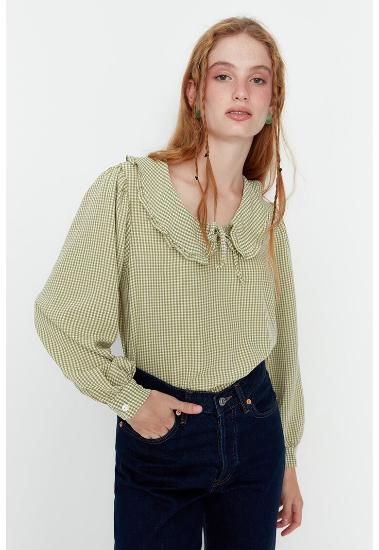 Bluza cu model gingham si guler Peter Pan