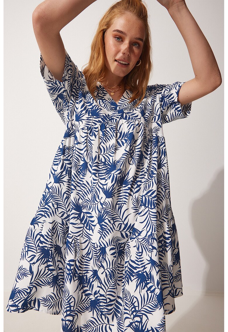 Rochie cu imprimeu tropical si decolteu in V