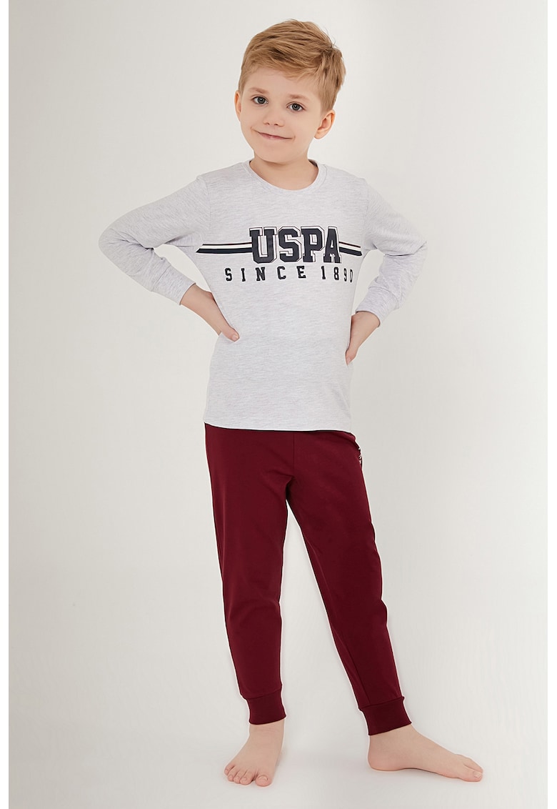 Pijama cu imprimeu logo si pantaloni lungi - Visiniu/Gri deschis melange