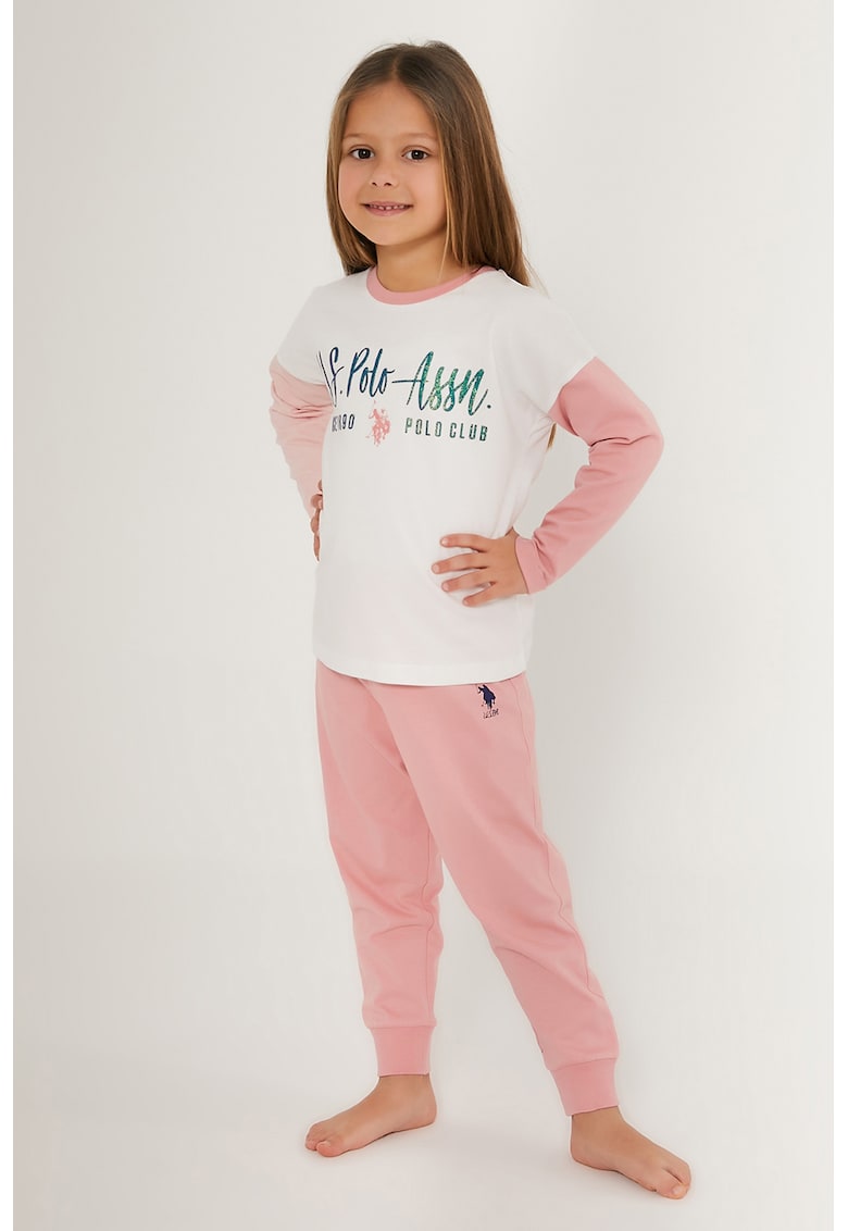 Pijama de bumbac cu imprimeu logo - Alb fildes/Roz pastel