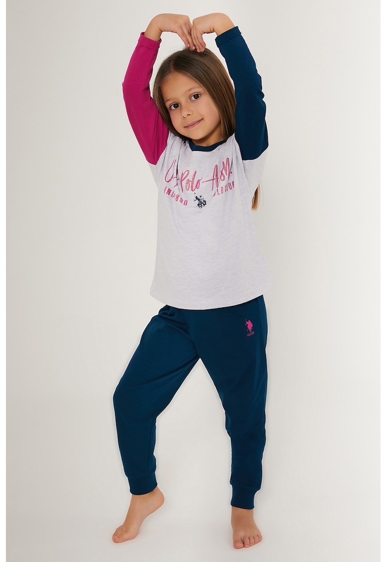 Pijama de bumbac cu imprimeu logo - Roz zmeuriu/Gri deschis melange/Bleumarin