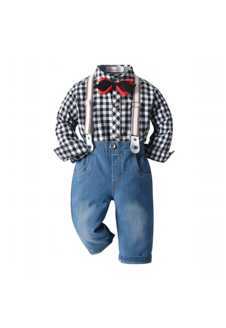 Compleu Cu Blugi - Camasa In Carouri - Papion Si Bretele - Baieti - Maneca lunga - Multicolor