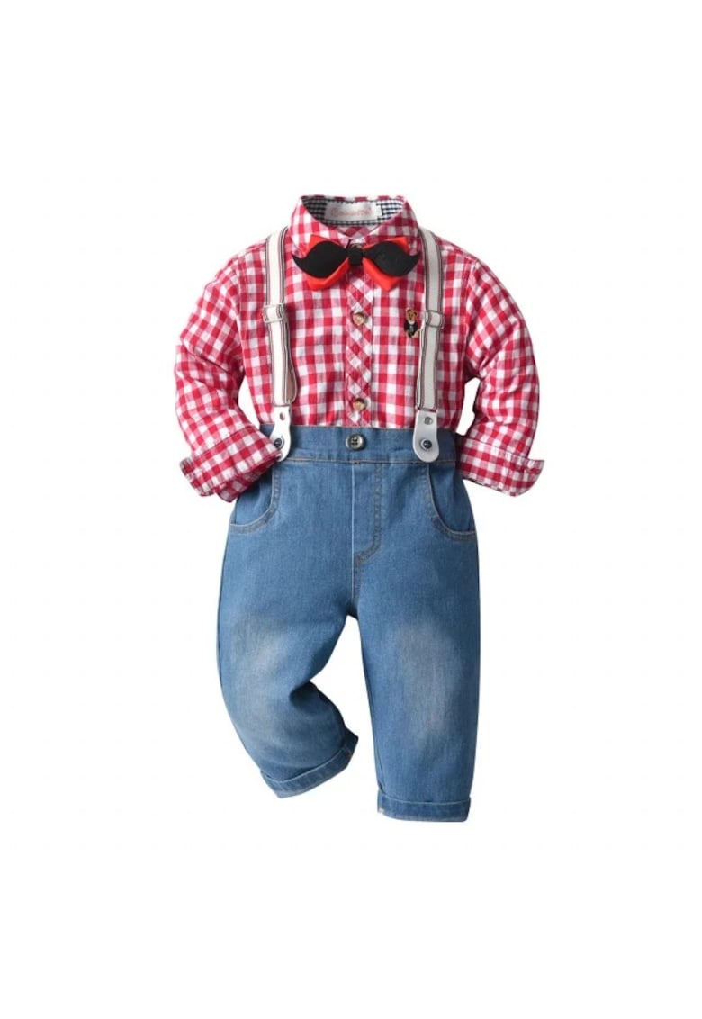 Compleu Cu Blugi - Camasa Cu Carouri Rosii - Papion si Bretele - Elegant - Baieti - Maneca lunga - Multicolor