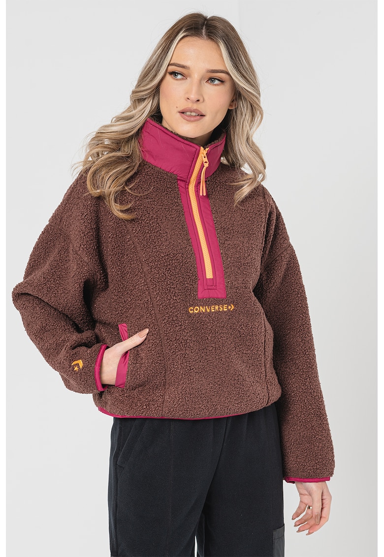 Bluza de trening din blana shearling sintetica cu maneci cazute - Maro