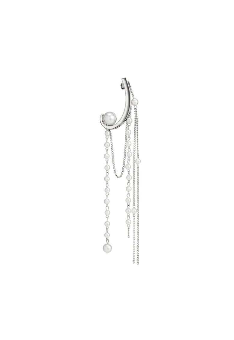 Cercel ear cuff - argintiu - cu franjuri lungi si perle - Harm C6 -