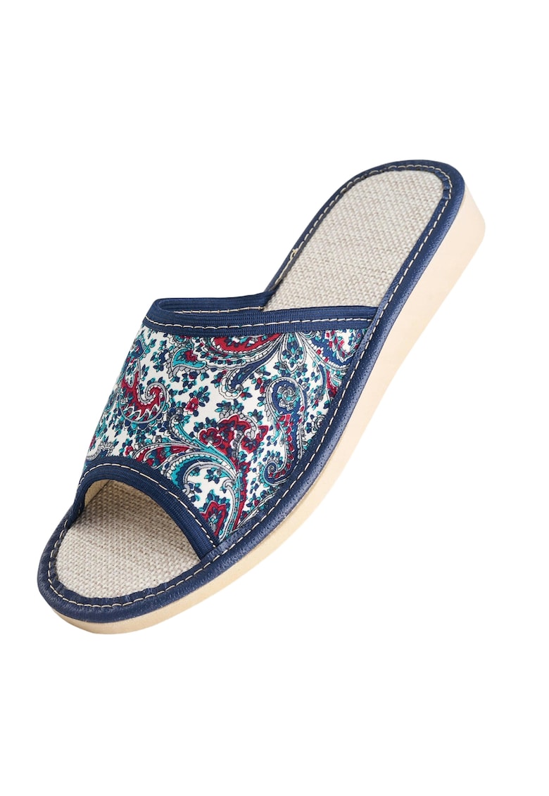 Papuci de casa pentru femei - Model cu flori - Textil - Albastru marin -
