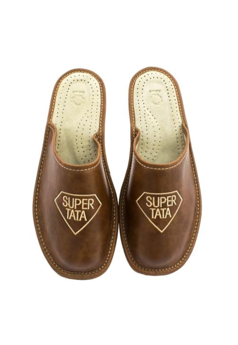 Papuci de casa pentru barbati - Piele naturala - Maro - Maro