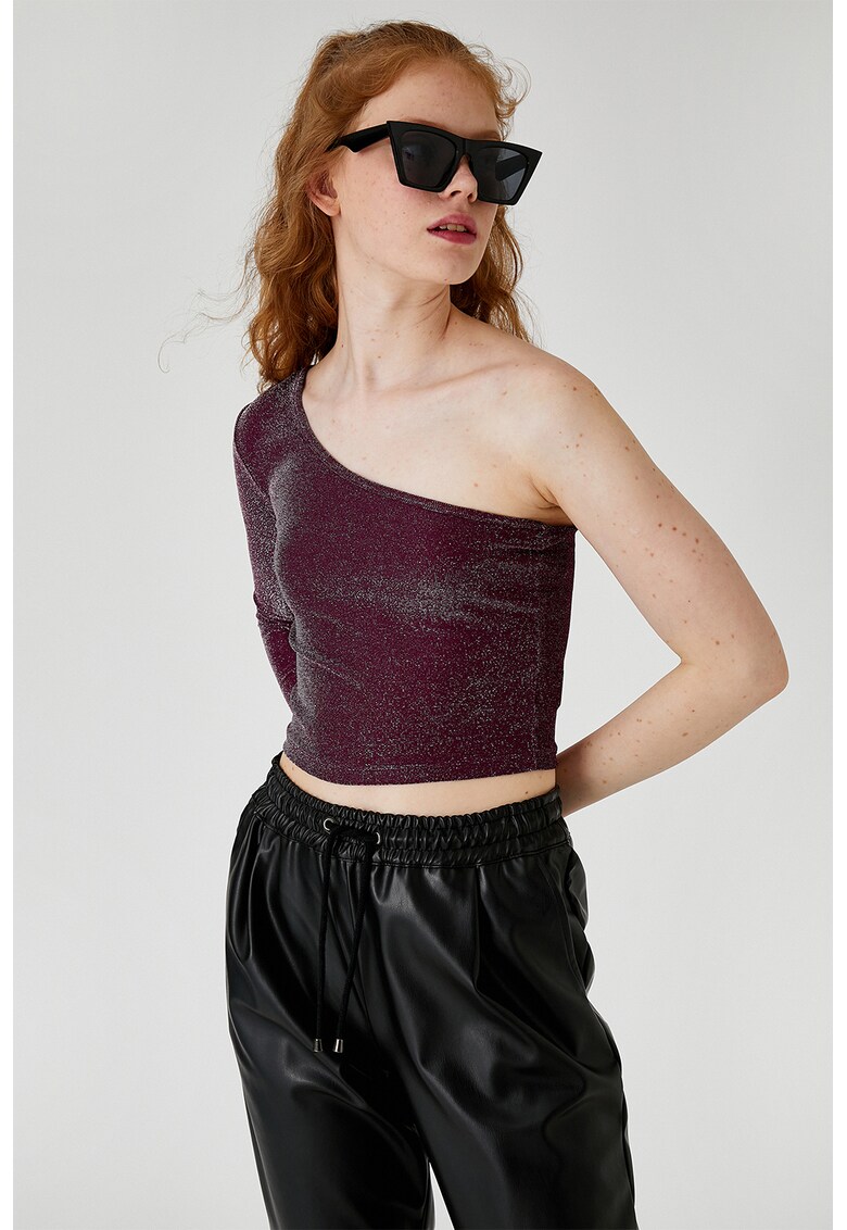 Bluza crop cu decolteu pe un umar si insertii stralucitoare