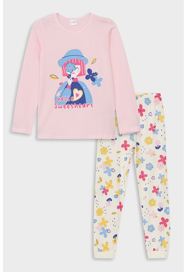 Pijama lunga cu model floral si grafic