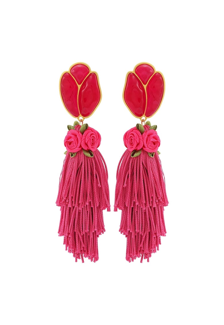 Cercei roz - lungi - cu flori si franjuri - Helma C2