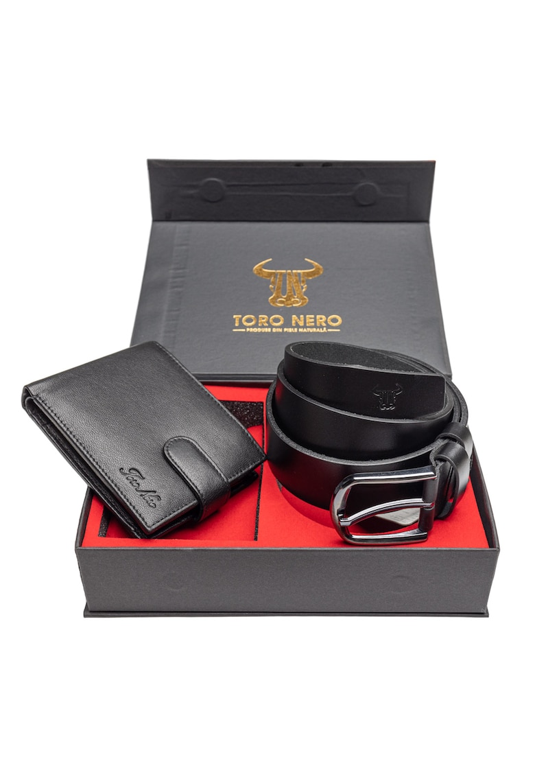 Set portofel si curea - barbati - din piele naturala - Viki-Smooth - negru