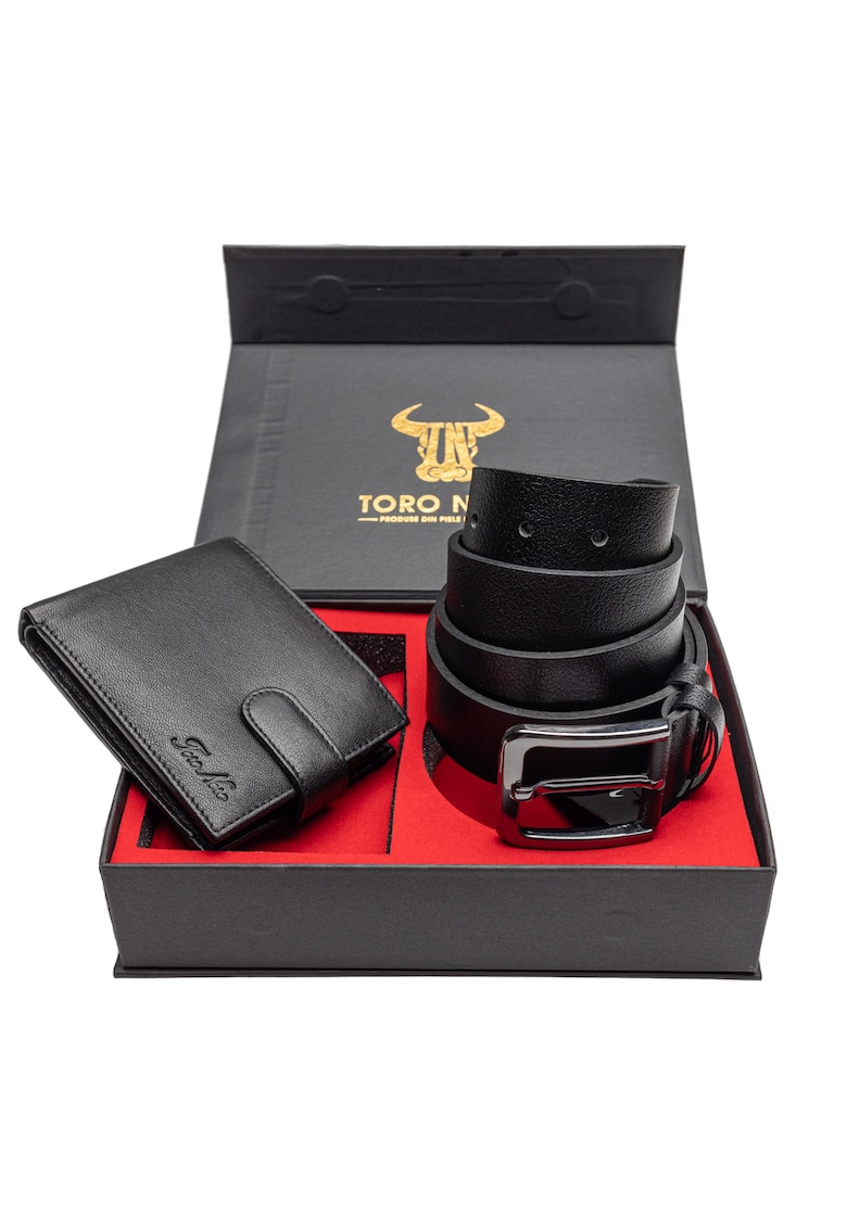 Set portofel si curea - barbati - din piele naturala - Viki-Night - negru