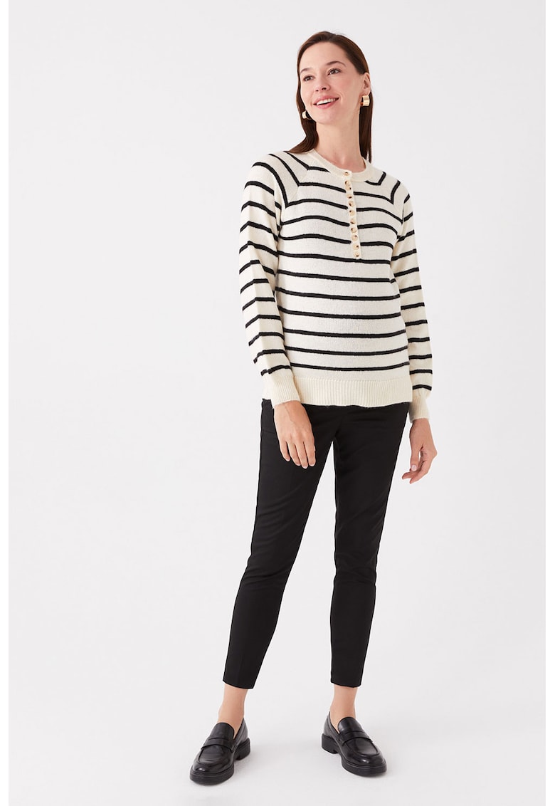 Pulover cu dungi si fenta cu nasturi - Negru/Crem