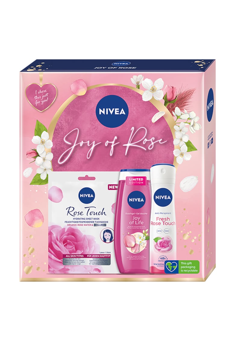 Set : Masca servetel Nivea Rose Touch - 1 buc + Gel de dus Nivea Joy of Life - 250 ml + Deodorant spray femei Nivea Fresh Rose Touch - 150 ml