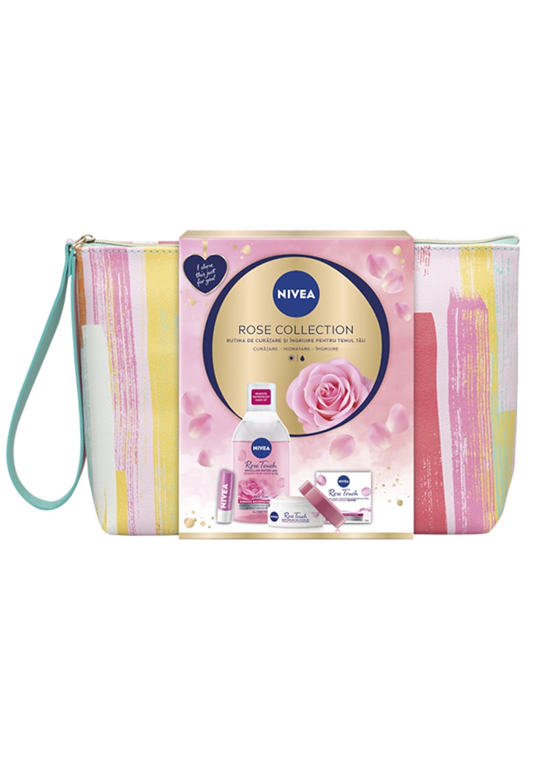 Set cadou: Cremă-gel cu apa de trandafiri 50 ml + Apa Micelara Bifazica Nivea cu Apa de Trandafiri 400 ml + Balsam de buze NiveaRose 4.8 g