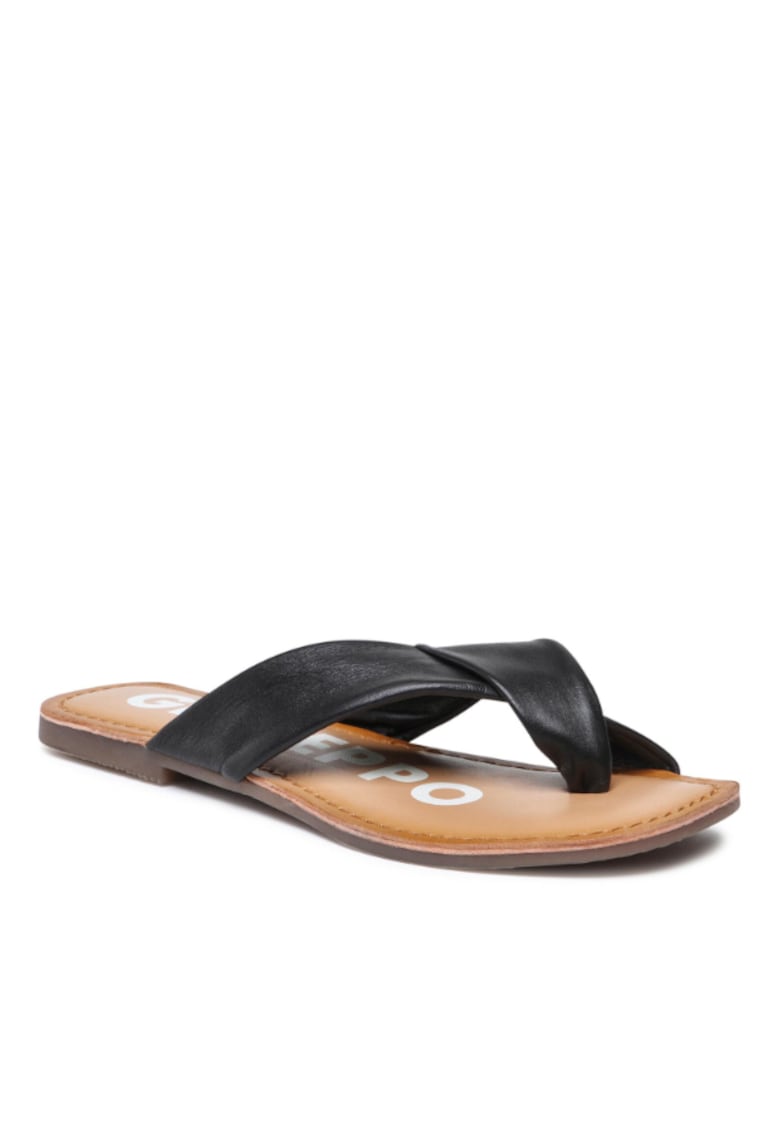 Papuci flip-flop cu deget pentru dama - Piele naturala - Negru