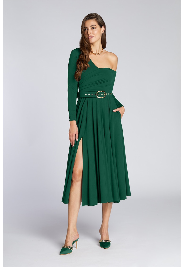 Rochie cu decolteu pe un umar si slit lateral - Verde salvie