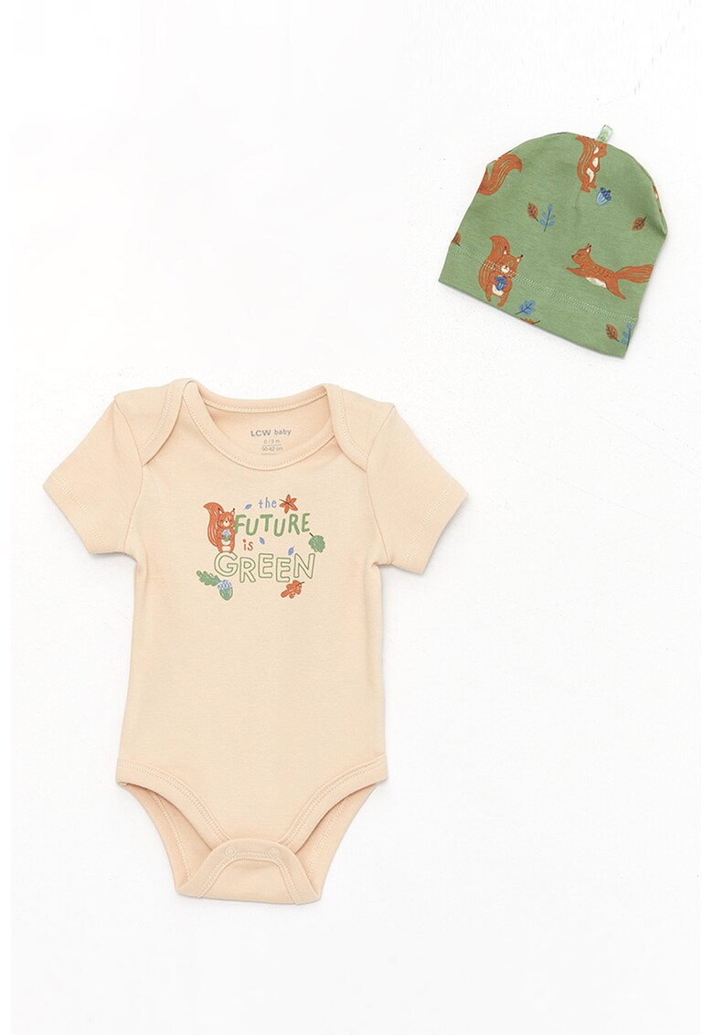 Set de 2 body-uri din bumbac si caciula - 3 piese