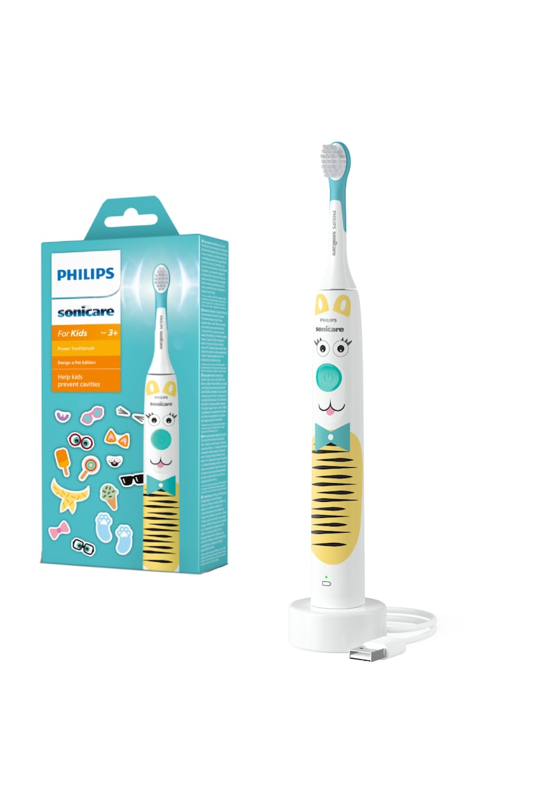 Periuta electrica sonica Kids HX3601/01 - 2 intensitati - 1 capat de periere - aplicatie de consiliere - stickere - Alb/Bleu