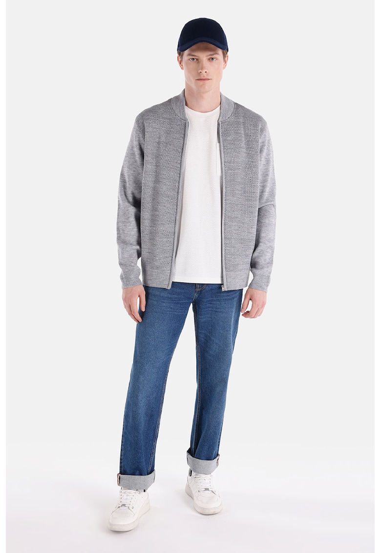 Cardigan regular fit cu fermoar - Gri melange
