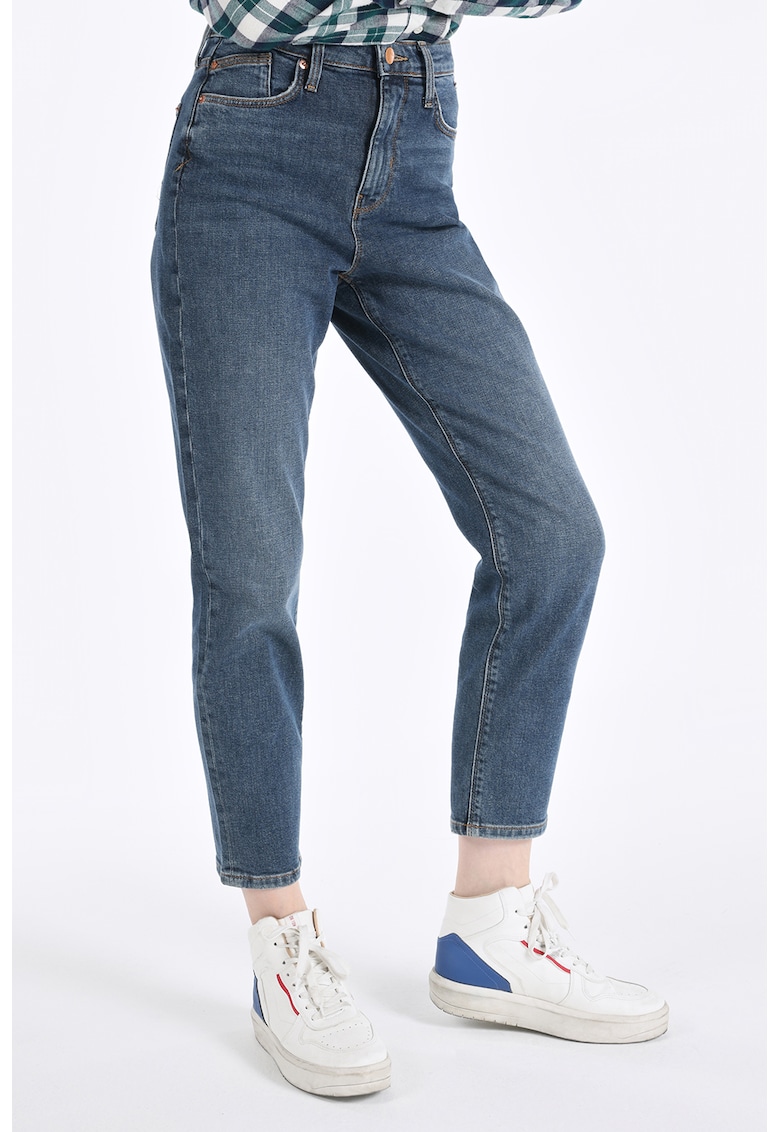 Blugi cu talie inalta si aspect decolorat