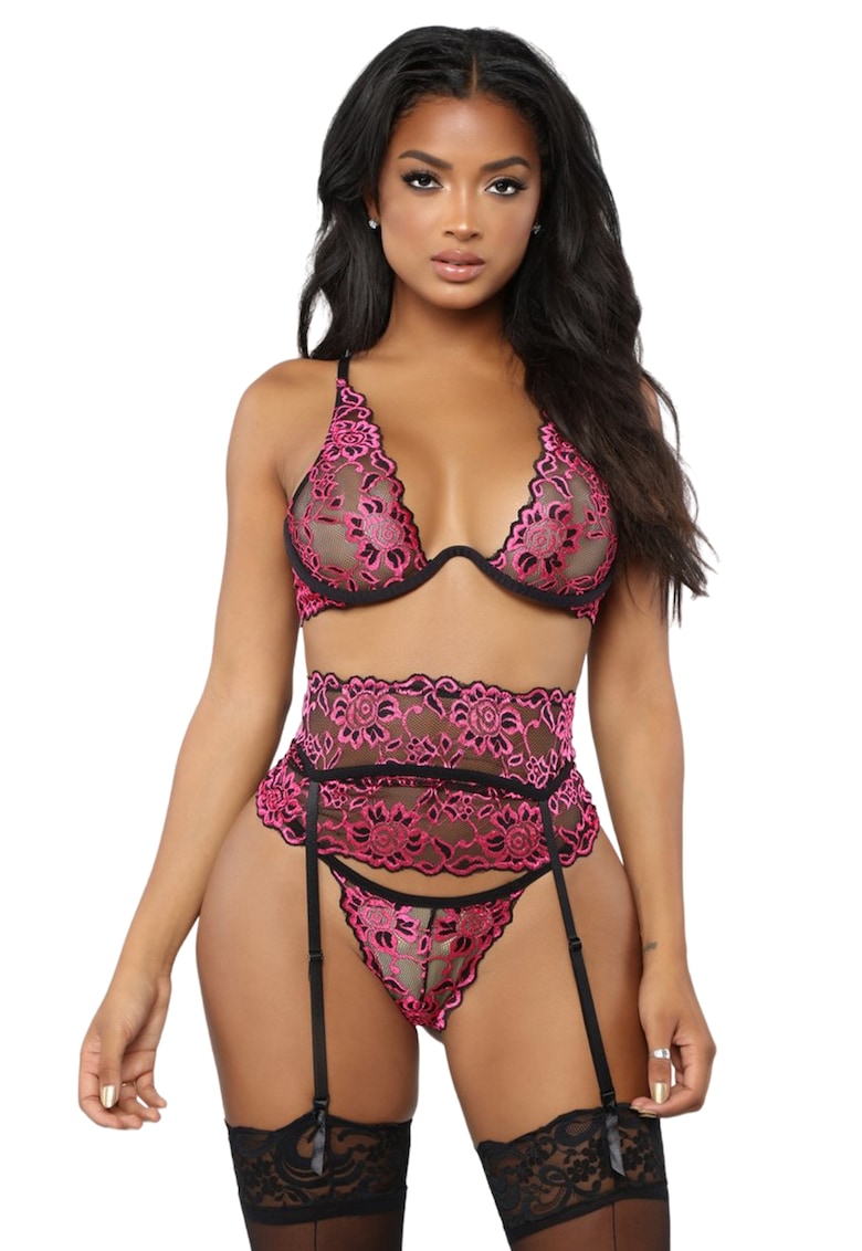 Lenjerie sexy dama - set 3 piese - sutien cupe triunghiulare - portjartier tip corset si chilot tanga - model delicat - tematica fantezie pink - EFAYN