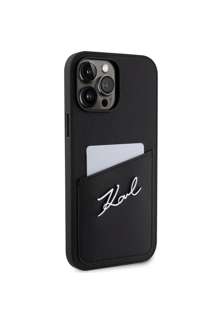 Husa de protectie saffiano card slot metal signature pentru iphone 14 pro max - negru