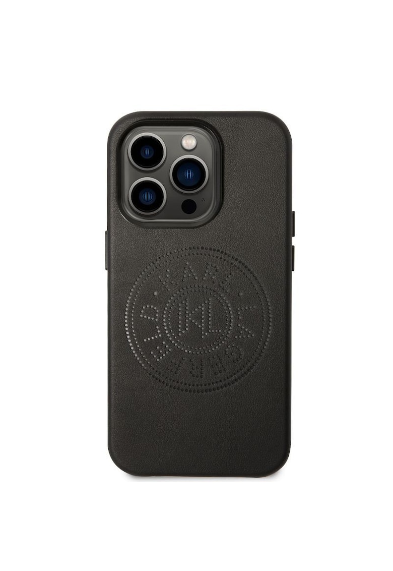 Husa de protectie Leather Perforated Logo pentru iPhone 14 Pro Max - Negru