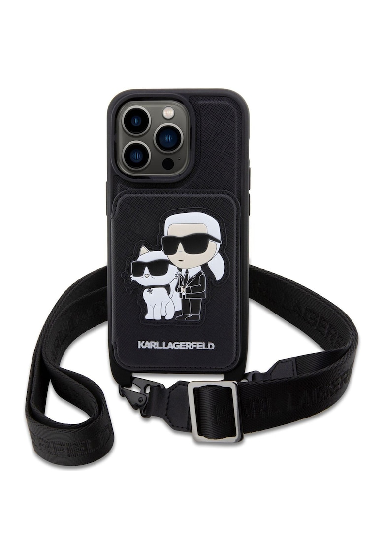 Husa de protectie Saffiano Crossbody Karl and Choupette NFT pentru iPhone 14 Pro Max - Negru