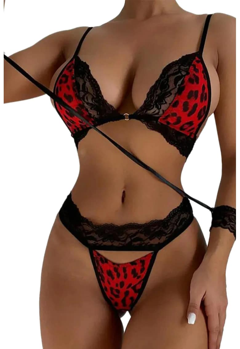 Lenjerie sexy dama - set 3 piese - sutien delicat tip bustiera cupe triunghiulare - chilot tanga si catuse delicate - model animal print - EFAYN