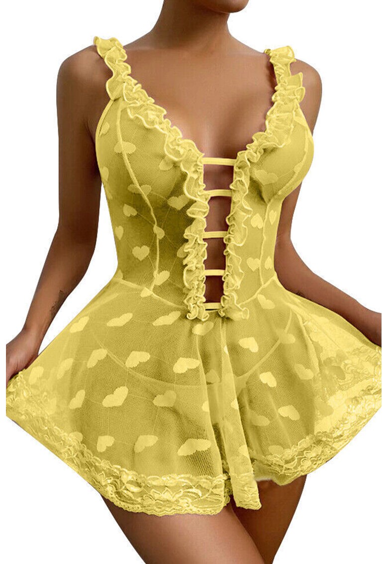 Lenjerie sexy dama - rochie cu bretele si decolteu in V - model cute romantic hearts - imprimeu inimioare - EFAYN