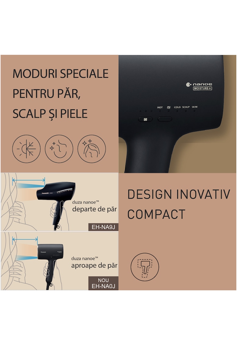 Uscator de par cu nanoe™ moisture+ si ioni minerali - detectie si reglare automata a temperaturii - 1600w - 4 moduri de utilizare si 3 trepte de reglare flux aer - negru