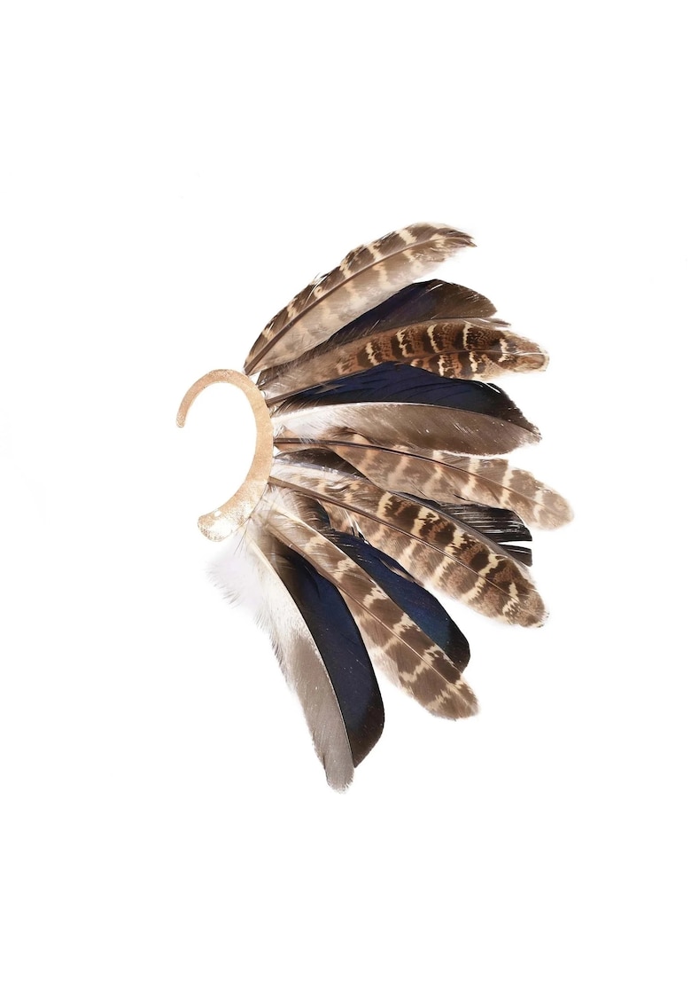 Cercel ear cuff - auriu - stil hippie - cu pene maro - Kaila C34 -