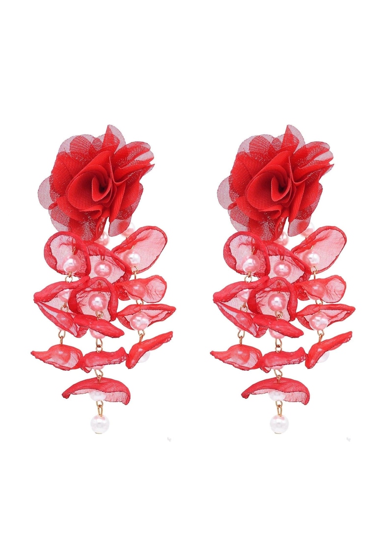 Cercei rosii - lungi - cu flori si perle - Kaia C34 -