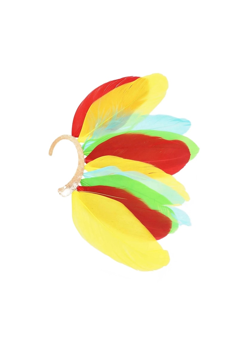 Cercel ear cuff - auriu - stil hippie - cu pene multicolore - Kaleb C34 -