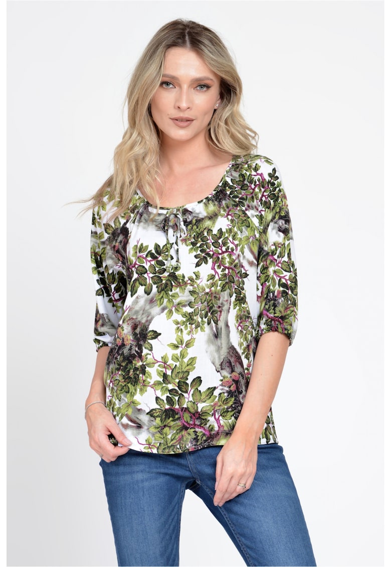 888143224-Bluza IE Dama cu Maneca 3 sferturi - model Floral - alb cu verde