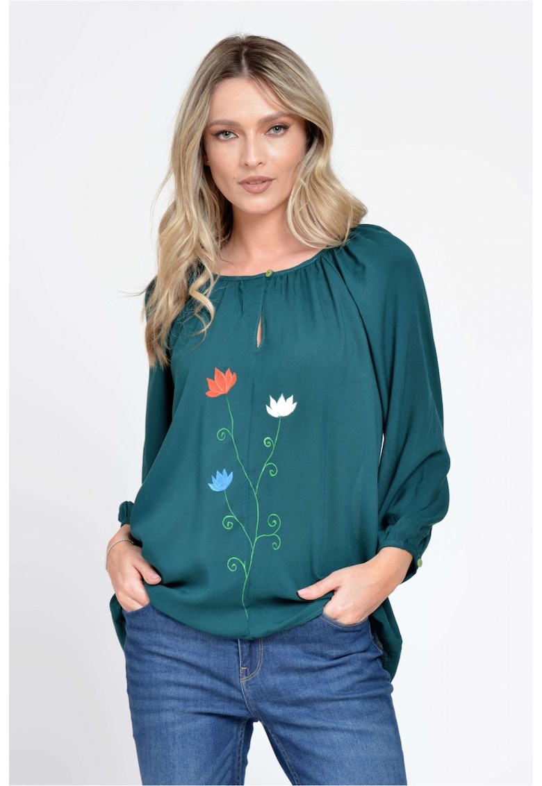 888143233-Bluza Dama cu Maneca 3 sferturi - Ampla - Verde cu pictura realizata manual