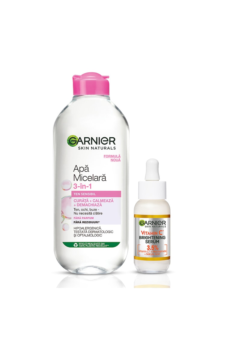 Set Apa micelara Skin Naturals pentru ten sensibil - 400 ml + Serum cu Vitamina C Garnier Skin Naturals cu efect de stralucire - 30 ml