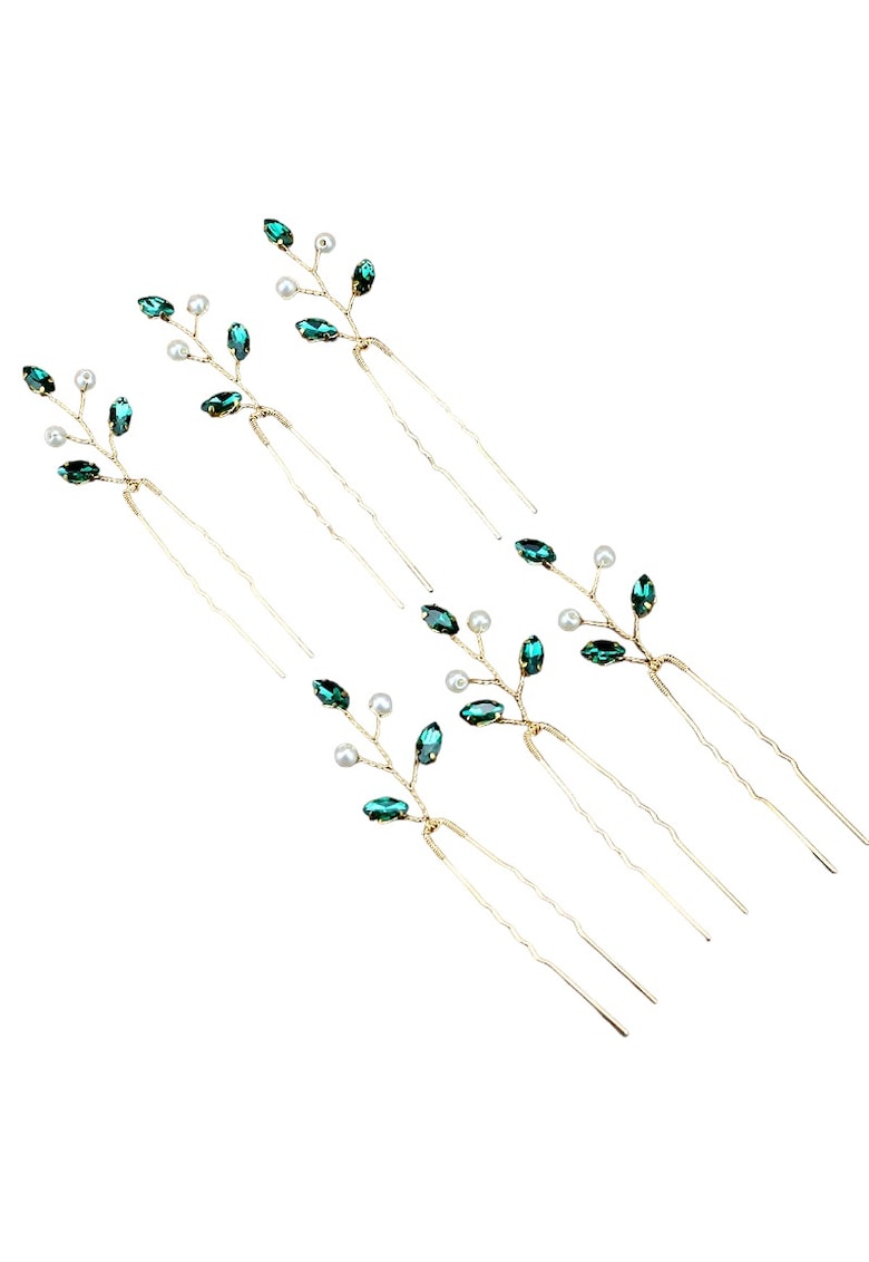 Set 6 accesorii de par - aurii - tip ac - cu pietre si perle - Karena C8 -