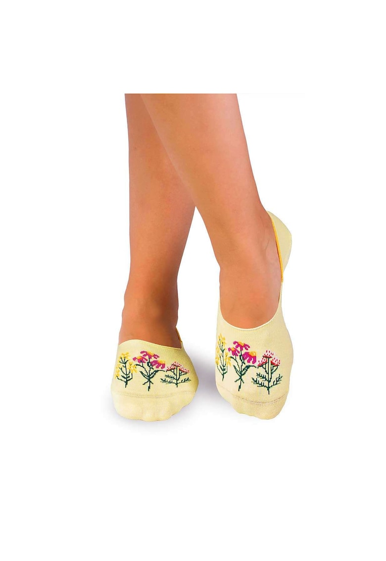 Sosete tip talpici din bumbac - model floral - Galben
