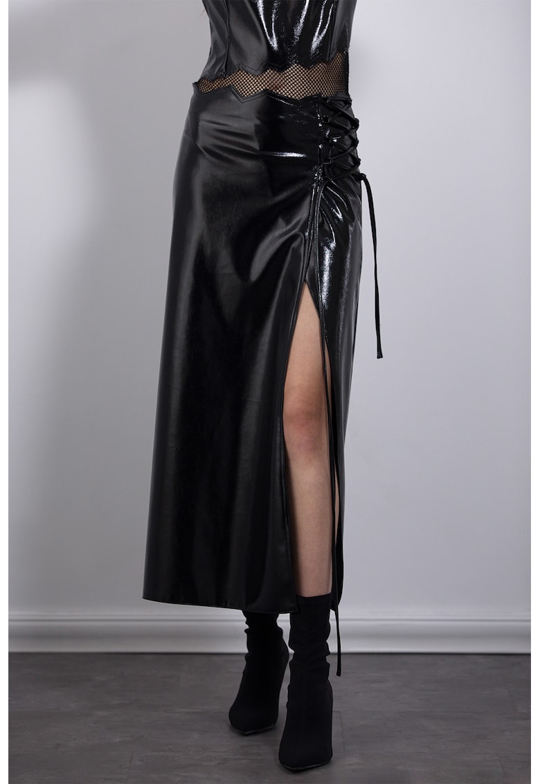 Fusta midi petrecuta de piele ecologica