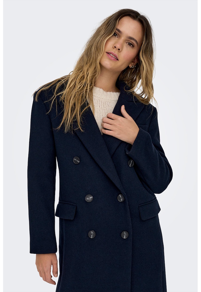 Haina din amestec de lana cu doua randuri de nasturi - Bleumarin